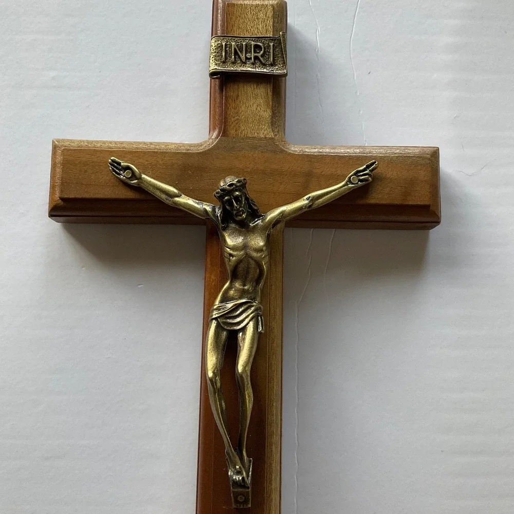 Vintage Wooden Standing Wall Crucifix Brass Corpus INRI Altar Desk Cross 11